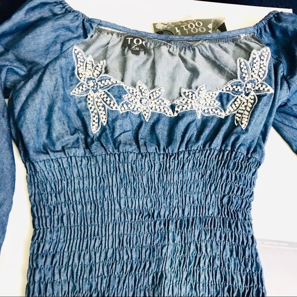 NWT Beautiful I TOO Denim Dressy blouse CA Base - Picture 4 of 7